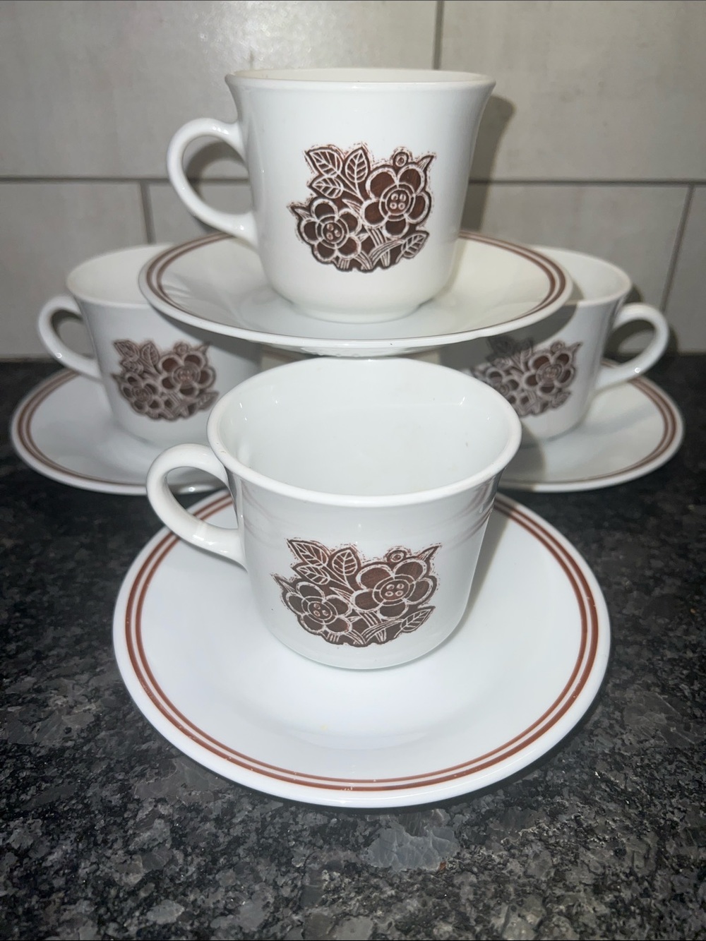 VINTAGE Corelle BATIK White Teacup and Saucer Set with Brown Floral Accent